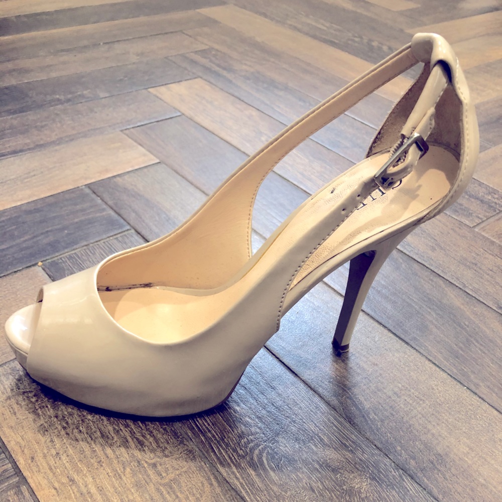Guess patent nude peeptoe heels